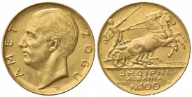 ALBANIA. Re Zogu I, 1925-1939, 100 Franga, zecca di Roma, 1926. Au (35mm, 32.25g). KM 11; Fr. 1. Rara. Appiccagnolo rimosso. BB+