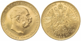 AUSTRIA. Francesco Giuseppe (1848-1916). 100 Corone 1915. Au (36.5mm, 33.97g).  KM 2819; Fr. 507. SPL