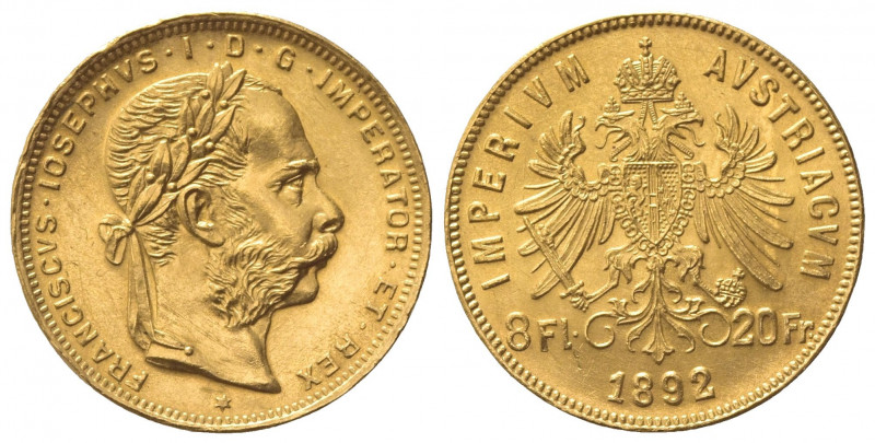 AUSTRIA. Francesco Giuseppe (1848-1916). 8 Fiorini - 20 Franchi 1892. Au (21mm, ...
