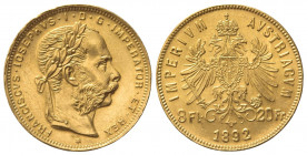 AUSTRIA. Francesco Giuseppe (1848-1916). 8 Fiorini - 20 Franchi 1892. Au (21mm, 6.47g). KM 2269; Fr. 419. qSPL