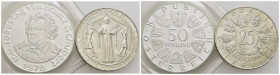 AUSTRIA. Seconda Repubblica (1945). 50 Scellini - 1978 - 150 della morte di Schubert - AG Kr. 2937 Proof assieme a 25 s. 1955 - Lotto di due monete - ...