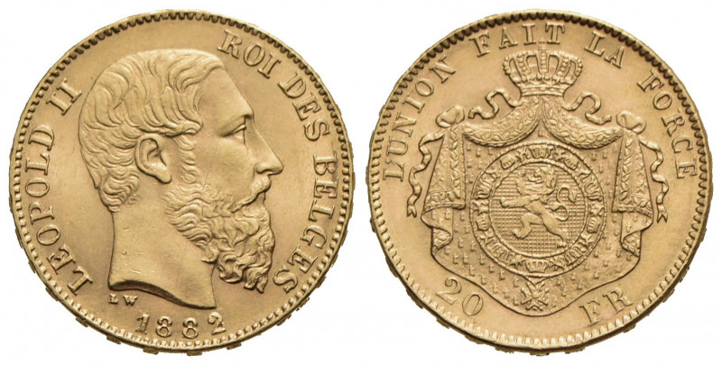 BELGIO. Leopoldo II (1865-1909). 20 Franchi - 1882 - (AU g. 6,45) Kr. 37 - FDC