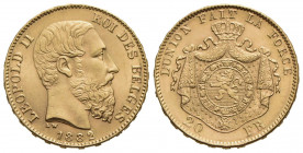 BELGIO. Leopoldo II (1865-1909). 20 Franchi - 1882 - (AU g. 6,45) Kr. 37 - FDC