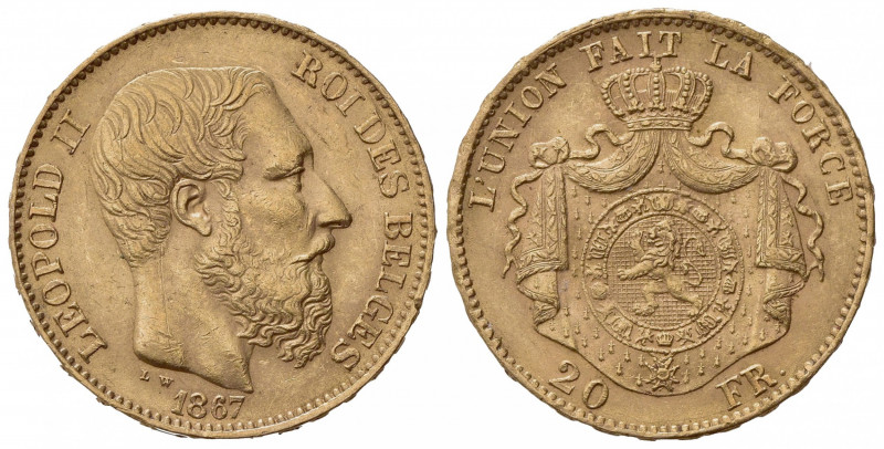 BELGIO. Leopoldo II (1865-1909). 20 Franchi 1867. Au (21mm, 6.52g). Brussels. KM...