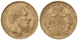 BELGIO. Leopoldo II (1865-1909). 20 Franchi 1867. Au (21mm, 6.52g). Brussels. KM 32; Fr. 412. BB+, graffi