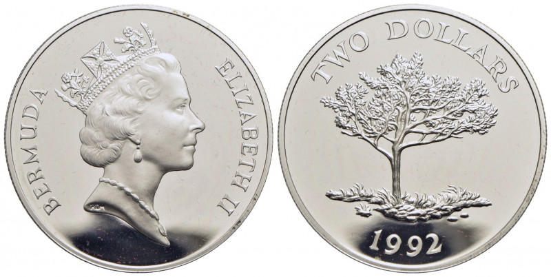 BERMUDA. Elisabetta II (1952). 2 Dollari - 1992 - Albero del cedro - AG Kr. 72 P...