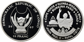 CONGO. Repubblica Democratica. 10 Francs 2007. Ag.Viaggi di Giovanni Paolo II. Proof