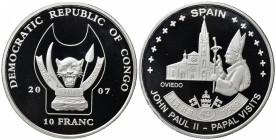 CONGO. Repubblica Democratica. 10 Francs 2007. Ag.Viaggi di Giovanni Paolo II. Proof
