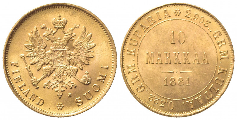 FINLANDIA. Alessandro II (1855-1881). 10 Markaa 1881. Au (19mm, 3.24g). KM 8; Fr...
