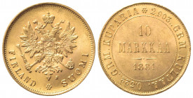 FINLANDIA. Alessandro II (1855-1881). 10 Markaa 1881. Au (19mm, 3.24g). KM 8; Fr. 4. qSPL