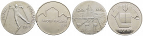 FINLANDIA. Repubblica. 100 Markaa - 1989 - Campionato mondiale di sci nordico - AG Kr. 74 assieme a 1991 Hockey - Lotto di due monete - FDC