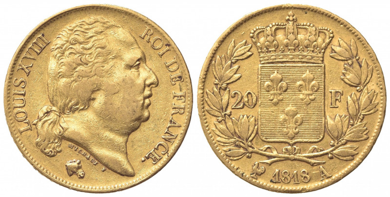 FRANCIA. Luigi XVIII (1814-1824). 20 Franchi 1818 A. Au (21mm, 6.42g). Parigi. K...