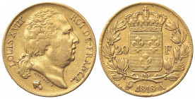FRANCIA. Luigi XVIII (1814-1824). 20 Franchi 1818 A. Au (21mm, 6.42g). Parigi. KM 712; Fr. 538. BB