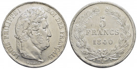 FRANCIA. Luigi Filippo I (1830-1848). 5 Franchi - 1840 A - AG Kr. Kr. 749.1 Segno al R/ - BB/BB+