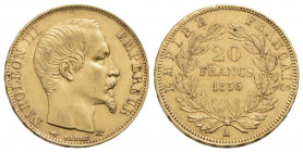 FRANCIA. Napoleone III (1852-1870). 20 Franchi - 1856 A - Testa nuda - (AU g. 6,4) Kr. 781.1 Colpettini - SPL-FDC