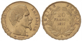 FRANCIA. Napoleone III (1852-1870). 20 Franchi 1857. Au (21mm, 6.43g). Parigi. KM 781.1; Fr. 531. BB+