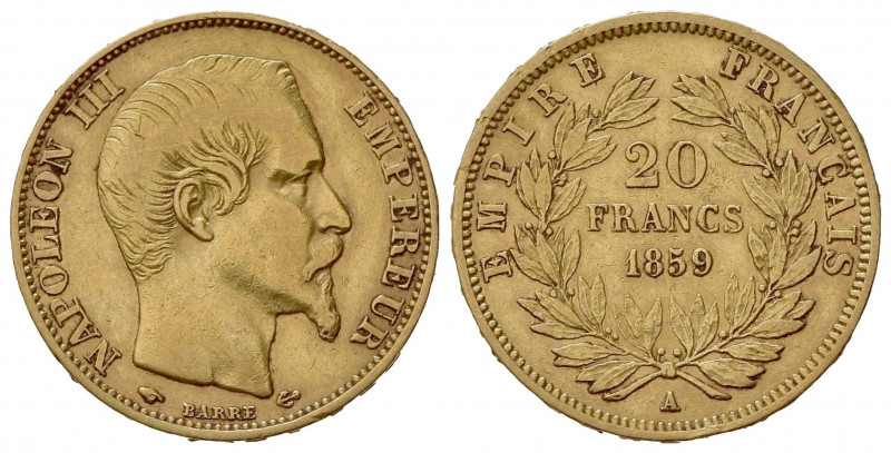 FRANCIA. Napoleone III (1852-1870). 20 Franchi 1859. Au (21mm, 6.40g). Parigi. K...