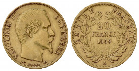 FRANCIA. Napoleone III (1852-1870). 20 Franchi 1859. Au (21mm, 6.40g). Parigi. KM 781.1; Fr. 531. BB