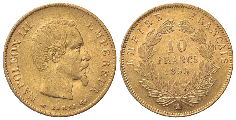 FRANCIA. Napoleone III (1852-1870). 10 Franchi 1858. Au (21mm, 3,23g). Parigi. K...
