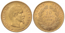 FRANCIA. Napoleone III (1852-1870). 10 Franchi 1858. Au (21mm, 3,23g). Parigi. KM 784.3; Fr. 576. BB