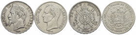 FRANCIA. Napoleone III (1852-1870). 5 Franchi - 1870 BB - Testa laureata - AG Kr. 799.2 assieme a bolivar 1935 - Lotto di due monete - BB