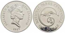 NUOVA ZELANDA. Elisabetta II (1952). Dollaro - 1987 - Centenario del Parco Nazionale - AG Kr. 65a Proof - FDC