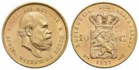 OLANDA - Guglielmo III (1849-1890) - 10 Gulden - 1877 - (AU g. 6,71) Kr. 106 Segnetto - Fondi lucenti - FDC