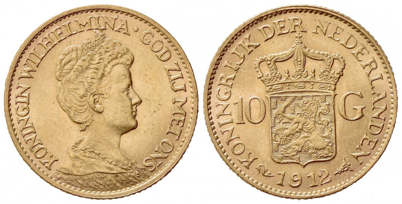 OLANDA. Guglielmina (1890-1948). 10 Gulden 1912. Au (22mm, 6.74g). KM 149; Fr. 3...