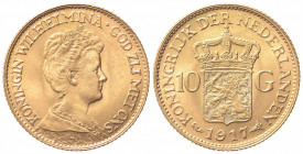 OLANDA. Guglielmina (1890-1948). 10 Gulden 1917. Au (22mm, 6.73g). KM 149; Fr. 349. SPL