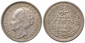 OLANDA. Guglielmina I (1890-1948). 25 Cents 1945 P. Ag (3,60 g). KM#164. Rara. BB