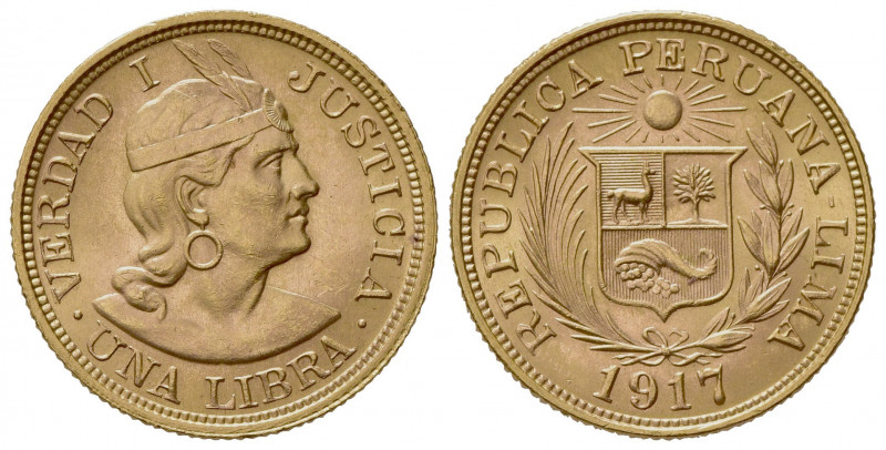 PERU'. Repubblica. 1 Libra 1917. Au (22mm, 8.00g). KM 207; Fr. 73. SPL
