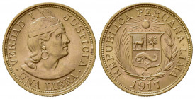 PERU'. Repubblica. 1 Libra 1917. Au (22mm, 8.00g). KM 207; Fr. 73. SPL