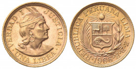 PERU'. Repubblica. 1 Libra 1966. Au (21.5mm, 8.00g). KM 207; Fr. 73. qSPL