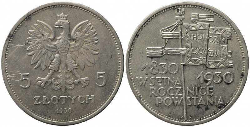 POLONIA. 5 Zlotych 1930 "Centenario della Rivoluzione". Y#19.1. Segni nei campi....