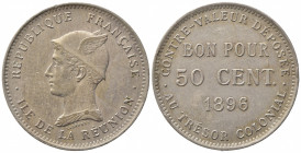 REUNION. 50 Centimes 1896. Cu-Ni (2,46 g). KM#4. Rara. BB+