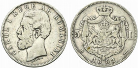 RROMANIA. Carol I. 5 lei 1882 B (Bucarest). KM. 17.1. Raro. qBB