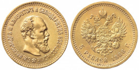 RUSSIA. Alessandro III (1881-1894). 5 Rubli 1888. Au (21mm, 6.43g). KM 42; Fr. 168. BB+