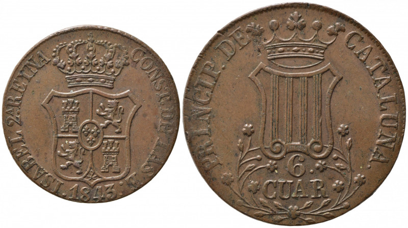 SPAGNA. Catalonia. 6 Quartos 1843. Cu (14,18 g). KM#128. BB