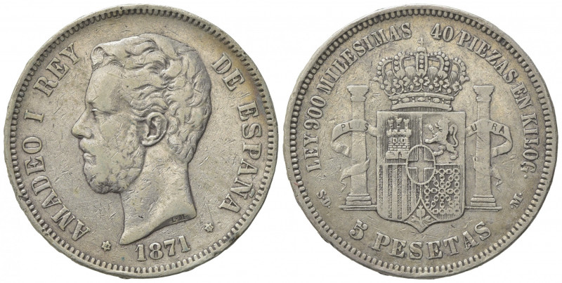 SPAGNA. Amadeo I (1871-1873). 5 Pesetas 1871. Ar (37mm, 24.80g). KM 666. qBB