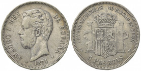 SPAGNA. Amadeo I (1871-1873). 5 Pesetas 1871. Ar (37mm, 24.80g). KM 666. qBB