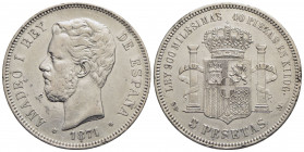 SPAGNA - Amedeo I (1871-1873) - 5 Pesetas - 1871 (71) SD M - AG Kr. 61 - BB+/qSPL