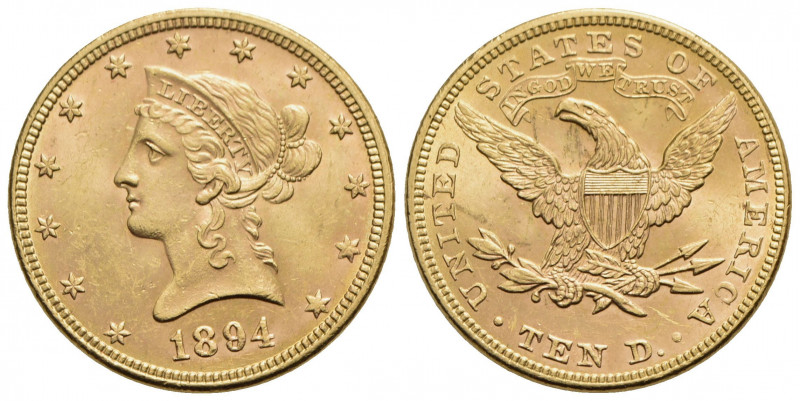 STATI UNITI D'AMERICA. 10 Dollari - 1894 - Liberty - (AU g. 16,7) Kr. 66.2 - FDC