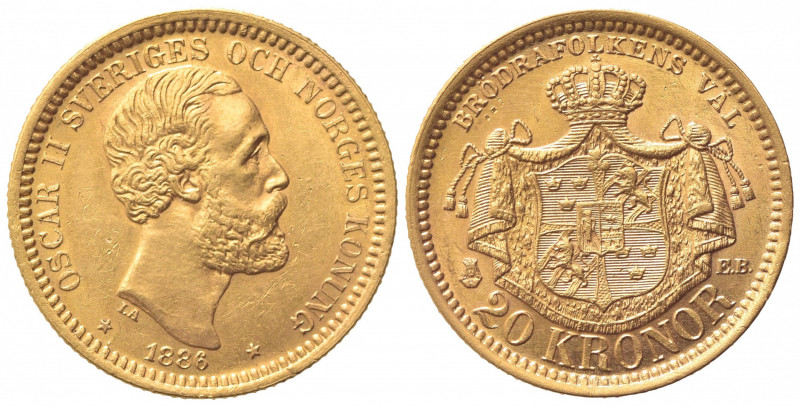 SVEZIA. Oscar II (1872-1907). 20 Corone 1886. Au (23mm, 8.97g). KM 748; Fr. 93a....