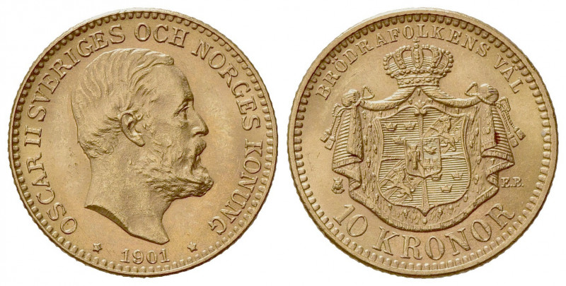 SVEZIA. Oscar II (1872-1907). 10 Corone 1901. Au (18mm, 4.47g). KM 767; Fr. 94b....