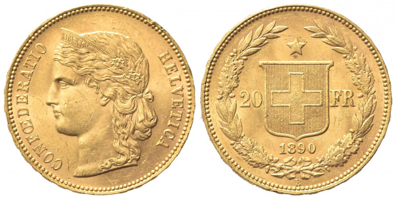 SVIZZERA. 20 Franchi 1890. Au (21mm, 6.44g). Berna. KM 31.3; Fr. 495. BB