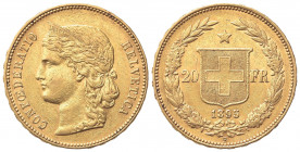SVIZZERA. 20 Franchi 1895. Au (21mm, 6.46g). Berna. KM 31.3; Fr. 495. BB