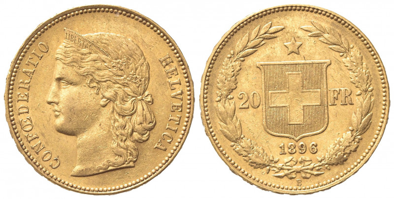 SVIZZERA. 20 Franchi 1896. Au (21mm, 6.46g). Berna. KM 31.3; Fr. 495. BB