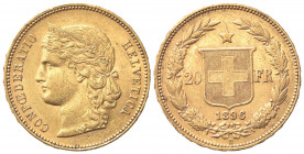 SVIZZERA. 20 Franchi 1896. Au (21mm, 6.46g). Berna. KM 31.3; Fr. 495. BB