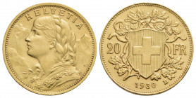 SVIZZERA. 20 Franchi - 1930 - (AU g. 6,44) Kr. 35.1 - qFDC