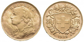SVIZZERA. 20 Franchi - 1935 - (AU g. 6,43) Kr. 35.1 Sigle LB - FDC